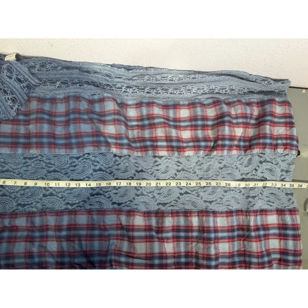 Free People Boho Lace Scarf Patchwork Plaid Cottagecore Oversized Blue Red 27x70